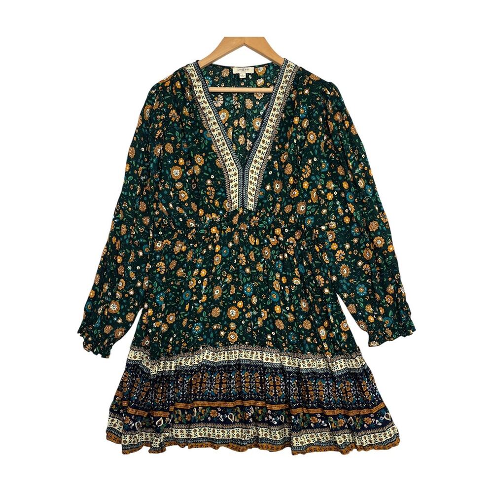 Umgee Green Floral Mini Dress with Mustard and Navy Accents